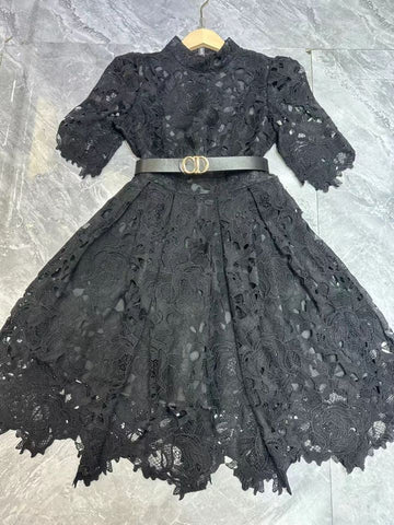 Fluffy Miniskirt 2024 Early Spring Collar Short Sleeve With Belt Water-Soluble Lace Dress Skirt